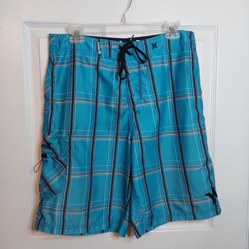 Hurley Blue Plaid Puerto Rico Board Shorts Surf Swim Beach Tie Waist Size 31
